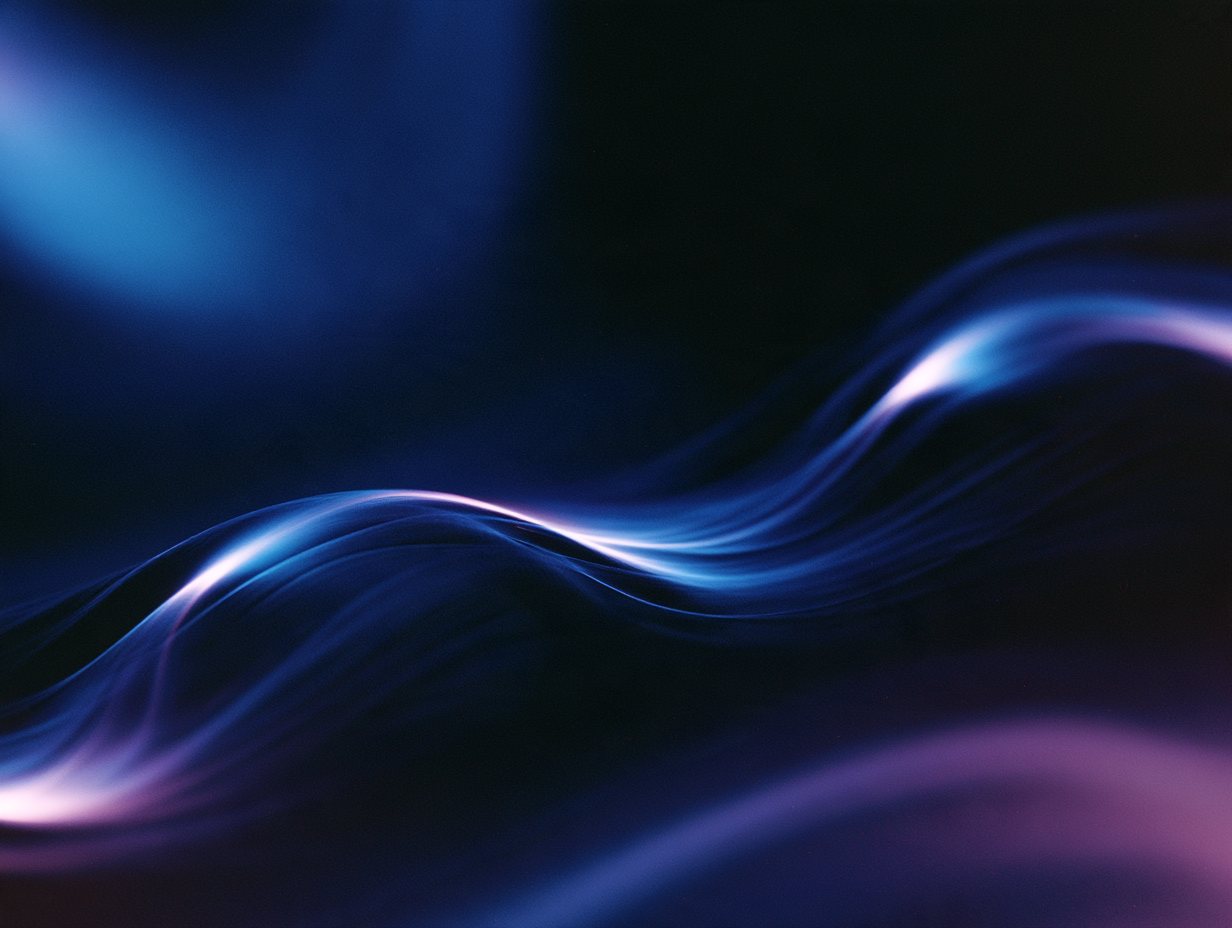 Abstract waves of blue and violet light flowing through a dark space